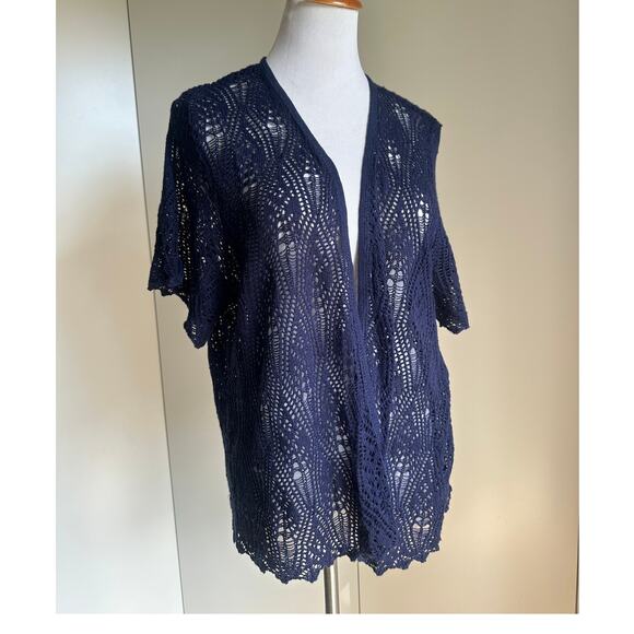 90s Crochet Cardigan Knit Top Blue Size XL BOho Indie Vibes Layering Pieces - Picture 2 of 10